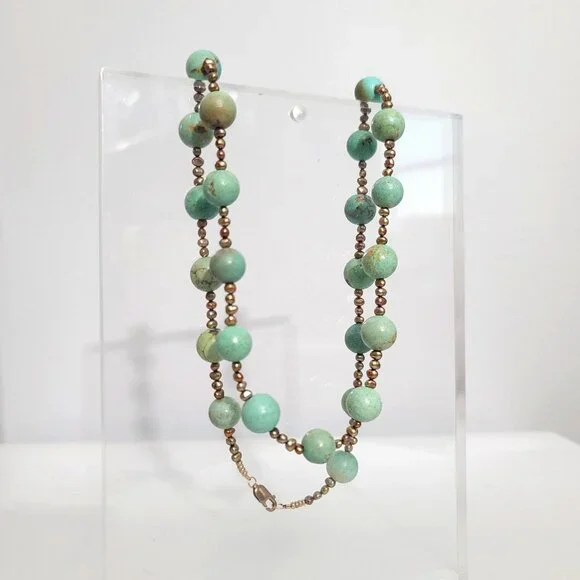 green turquoise beaded necklace w black freshwater pearls and gold filled clasp - Picture 3 of 11